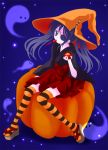  1girl alternate_costume blue_background eyepatch gintama halloween hat pumpkin sandals sitting solo striped striped_legwear thigh-highs witch_hat yagyuu_kyuubei 