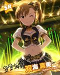  blush brown_hair character_name dress futami_mami idolmaster idolmaster_million_live! long_hair purple_eyes side_ponytail smile wink 