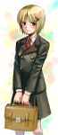  1girl alternate_costume aro_s black_skirt blazer blonde_hair blush brown_eyes buttons female grey_legwear holding jacket looking_at_viewer lunasa_prismriver school_briefcase school_uniform serafuku shimakusa_arou short_hair skirt solo thigh-highs touhou zettai_ryouiki 