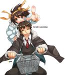  1boy 1girl bangs bicycle blazer brown_coat brown_eyes brown_hair brown_pants character_name coat collared_shirt foreshortening fur_trim ground_vehicle hair_ribbon hand_on_another&#039;s_shoulder jacket kyon looking_at_viewer necktie open_clothes open_coat open_mouth outstretched_arm pants pointing pointing_at_viewer red_necktie ribbon riding shirt simple_background suzumiya_haruhi suzumiya_haruhi_no_yuuutsu vest white_background white_coat white_shirt yellow_ribbon 