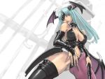  1girl ark ark_(morita_hitomi) breasts capcom demon_girl demon_wings elbow_gloves eyepatch gloves green_hair head_wings leather lips long_hair morrigan_aensland navel solo succubus thigh-highs vampire_(game) wallpaper whip wings 