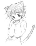  1girl animal_ears cat_ears cat_tail graphite_(medium) hands_clasped monochrome short_hair sketch solo sweater taguchi_makoto tail traditional_media 