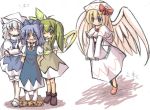  4girls angel_wings annoyed arms_behind_back blonde_hair bloomers blue_hair blush bow capelet cirno crossed_arms daiyousei female full_body green_hair hair_bow hat holding letty_whiterock lily_white long_hair long_skirt multiple_girls neck_ribbon one_eye_closed oyavun ponytail puffy_sleeves ribbon short_hair skirt skirt_set standing touhou underwear v_arms vu_(oyavun) wings 