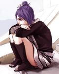  blue_hair fishnets flower hair_flower hair_ornament kneehighs konan lily_(artist) lowres naruto naruto_shippuuden sandals short_hair sitting skirt socks 