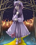  1girl aro_s bare_tree book female fire hat long_hair night object_hug open_mouth patchouli_knowledge purple_hair shimakusa_arou solo touhou tree violet_eyes walking water 
