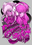 2girls beatmania beatmania_iidx bemani blush braid dark_skin dera-x!! headphones hishimiya_tsugaru magenta_eyes magenta_hair monochrome purple short_twintails twin_braids twintails upper_body xiatian_(beatmania_iidx)