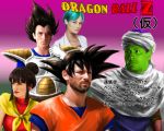  2girls 3boys armor bulma cape chi-chi_(dragon_ball) christian_bale diane_kruger dragon_ball dragonball_z eric_bana gradient gradient_background hair_bun jennifer_connelly multiple_boys multiple_girls photo photoshop piccolo pointy_ears real_life realistic scouter simple_background son_gokuu the_rock translated turban vegeta what 