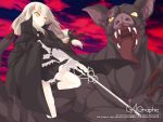  1girl :p bare_legs battle black_skirt blonde_hair brown_eyes cape claws frilled_skirt frills gagraphic leg_up long_hair monster open_mouth red_sky sharp_teeth shirota_dai skirt sky standing standing_on_one_leg teeth tongue tongue_out wallpaper yellow_eyes 