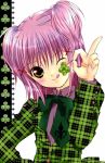  1girl blush clover clubs four-leaf_clover hinamori_amu jewelry looking_at_viewer official_art one_eye_closed peach-pit pink_hair ribbon scan short_hair shugo_chara! smile solo tongue wink yellow_eyes 