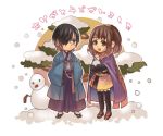  1boy 1girl chibi eyepatch hatake_michi japanese_clothes lowres scarf snow snowing snowman 