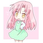  1girl :d brown_eyes chibi dress green_dress hair_ornament hairpin hand_on_hip hayate_no_gotoku! katsura_hinagiku long_hair long_sleeves mirai_(sugar) open_mouth pink_hair smile solo 