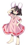  1girl animal_ears barefoot black_hair blush dress female inaba_tewi jewelry necklace one_eye_closed pink_dress rabbit_ears red_eyes same_no_hito solo touhou 