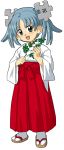  1girl :d alternate_costume bangs blue_eyes blue_hair blush child full_body gohei hair_ornament hakama happy head_tilt highres holding japanese_clothes kasuga39 leaf long_sleeves looking_at_viewer miko open_mouth parted_bangs sandals sash short_hair short_twintails simple_background smile solo standing tabi tamagushi twintails white_background wide_sleeves wikipe-tan wikipedia 