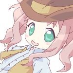  1girl :d brown_hat buttons chibi close-up collared_shirt el_cazador_de_la_bruja face green_eyes hat lirio long_sleeves looking_at_viewer mirai_(sugar) open_mouth pink_hair shirt sidelocks smile solo vest white_shirt 