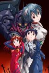  1boy 2girls androgynous ayanami_rei black_hair blue_eyes blue_hair eva_01 ikari_shinji long_hair mecha multiple_girls neon_genesis_evangelion plugsuit red_eyes redhead satou_toshiyuki short_hair souryuu_asuka_langley 