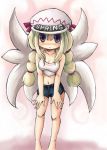  1girl alternate_costume blonde_hair blush casual clothes_writing contemporary english female hat lily_white oyavun shorts solo touhou violet_eyes vu_(oyavun) wings 