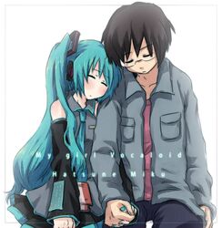  1boy 1girl couple hand_holding hatsune_miku hetero hinata_(artist) long_hair magamoto sleeping very_long_hair vocaloid 