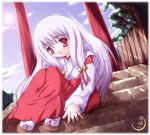  00s 1girl arima_yuzu bell blush child hair_bell hair_ornament japanese_clothes miko red_hakama shrine sitting solo stairs torii tsuki_kagerou younger 