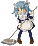  1girl blue_eyes blue_hair highres kasuga39 maid matching_hair/eyes mop open_mouth pigeon-toed short_hair simple_background smile solo twintails waist_apron white_background wikipe-tan wikipedia 