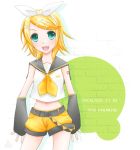  1girl :d aqua_eyes belt blonde_hair bow brick capelet detached_sleeves hair_ornament hairclip headphones headset kagamine_rin minyo open_mouth shirt short_hair shorts sleeveless sleeveless_shirt smile solo standing swept_bangs vocaloid 