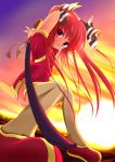  1girl china_dress chinese_clothes dress kooh merumeru pangya redhead solo sunset sword thigh-highs twintails violet_eyes weapon 