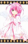  1girl amulet_angel angel dress hinamori_amu jewelry lace magical_girl official_art one_eye_closed peach-pit pink_hair ribbon scan short_hair shugo_chara! smile solo wings wink yellow_eyes 