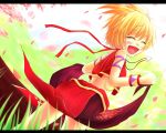  blonde_hair laughing magatama merumeru skirt skirt_lift 