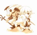  1girl black_mage blush_stickers boots final_fantasy final_fantasy_xi gloves goblin goblin_(final_fantasy) hat mask monochrome one_eye_closed orange_(color) pointy_ears robe rod sepia simple_background tarutaru white_background witch_hat 