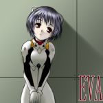  1girl against_wall ayanami_rei bangs blue_hair bodysuit bracer breasts closed_mouth copyright_name cowboy_shot expressionless gloves hands_together head_tilt headgear indoors looking_at_viewer neon_genesis_evangelion pale_skin pilot_suit plugsuit red_eyes shadow short_hair skinny skull_mania small_breasts solo standing turtleneck v_arms 