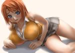  00s 1girl asanagi blue_eyes blush breasts cleavage huge_breasts lying my-hime on_side orange_hair orange_shirt pleated_skirt redhead school_uniform serafuku shirt short_hair skirt smile solo tokiha_mai violet_eyes 