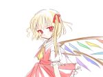  1girl ascot blonde_hair blush female flandre_scarlet hair_ribbon looking_at_viewer looking_to_the_side no_hat puffy_short_sleeves puffy_sleeves red_eyes red_ribbon red_skirt ribbon same_no_hito short_sleeves side_ponytail simple_background skirt skirt_set solo touhou vest white_background wings 