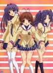  00s 2008 3girls :d absurdres antenna_hair brown_hair calendar clannad fujibayashi_kyou furukawa_nagisa hair_bobbles hair_intakes hair_ornament highres ichinose_kotomi kneehighs multiple_girls official_art open_mouth outstretched_hand purple_hair school_uniform serafuku smile thigh-highs two_side_up violet_eyes white_legwear winter_uniform zettai_ryouiki 