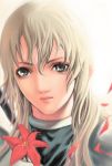  1girl behind_back blonde_hair claymore closed_mouth collar face flora_(claymore) grey_eyes holding light_rays light_smile lips looking_at_viewer petals red_flower sheath sheathed simple_background solo sword upper_body weapon white_background 