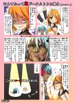  2girls ;d all_fours bangs blonde_hair blue_eyes comic dark_skin detached_sleeves evil_smile full_body green_eyes hatsune_miku kagamine_rin long_sleeves looking_at_viewer manly mitsuki_yuuya multiple_girls one_eye_closed open_mouth parted_lips shaded_face short_hair smile spotlight stage_lights swept_bangs tattoo translated upper_body vocaloid waving wrinkles 