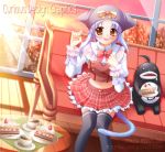  animal_ears blue_hair cake cat_ears cat_tail evemoina food pastry plaid plaid_skirt skirt tail thigh-highs yellow_eyes 