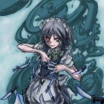  1girl braid female fusuma izayoi_sakuya knife lowres short_hair silver_hair sliding_doors solo suichuu_hanabi throwing_knife touhou twin_braids weapon 