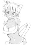  1girl :d animal_ears arms_behind_back bikini bikini_tan breasts cat_ears cat_tail cleavage fangs graphite_(medium) large_breasts midriff monochrome navel open_mouth sketch smile solo swimsuit taguchi_makoto tail tan tanline traditional_media 