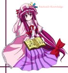  1girl bangs blue_ribbon blush book bow capelet crescent crescent_hair_ornament female full_body hair_bow hair_ornament hat hat_ribbon hikami_shou long_hair looking_at_viewer lowres mob_cap patchouli_knowledge purple_hair red_bow red_ribbon ribbon simple_background sitting solo striped touhou very_long_hair violet_eyes white_background 