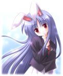  1girl animal_ears bangs blazer blue_background blue_hair blunt_bangs crescent female head_tilt long_hair miniskirt necktie nijiberu pleated_skirt rabbit_ears red_eyes reisen_udongein_inaba sidelocks skirt solo touhou very_long_hair white_background 