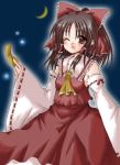  1girl ;d ascot brown_eyes brown_hair collar detached_sleeves female frills hair_tubes hakurei_reimu holding long_sleeves looking_at_viewer one_eye_closed open_mouth purgatorial_red sidelocks smile solo touhou wide_sleeves 