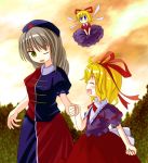  2girls ahoge blonde_hair blue_eyes bow braid closed_eyes doll dress female green_eyes grey_hair hair_bow hair_ribbon hand_holding hat medicine_melancholy multiple_girls nurse_cap one_eye_closed open_mouth ribbon short_hair sky smile su-san touhou wings wink yagokoro_eirin 