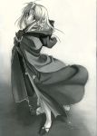  1girl braid caster cloak dress fate/hollow_ataraxia fate/stay_night fate_(series) highres long_dress monochrome pointy_ears 