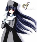  1girl amamiya_yuuko black_hair copyright_name cowboy_shot ef gloves hat long_hair looking_at_viewer own_hands_together red_eyes seo_tatsuya simple_background solo very_long_hair white_background white_gloves 