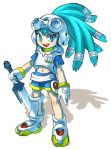  00s 1girl armor blue_eyes blue_hair funbolt gloves goggles hairlocs king_gainer mecha_musume midriff overman_king_gainer solo sword unko_tarou weapon 