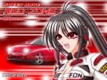  1girl beatmania biker_clothes bikesuit black_hair breasts car cleavage dj_sakura ground_vehicle motor_vehicle ponytail red_eyes solo vehicle wallpaper 