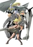  4girls aircraft airplane blonde_hair boots caterpillar_tracks ef_typhoon goggles ground_vehicle highres jet junkers_ju_87 long_hair mecha_musume mikuni_aoi military military_vehicle motor_vehicle multiple_girls original russia simple_background t-34 tank tiger_(tank) vehicle 