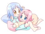  2girls amamiya_manami barefoot blue_eyes blue_hair chibi gakuen_utopia_manabi_straight! inamori_mika mirai_(sugar) multiple_girls pajamas pink_hair 