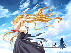  1girl adjusting_hair air arms_up black_dress blonde_hair copyright_name dress floating_hair from_side head_down kamio_misuzu kobayashi_akemi necktie puffy_short_sleeves puffy_sleeves red_necktie short_sleeves solo tying_hair wallpaper wind 