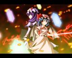  2girls back-to-back bat_wings blue_hair book crystal female floating_object hand_on_hip hat letterboxed long_hair multiple_girls patchouli_knowledge purple_hair red_eyes remilia_scarlet short_hair smile spear_the_gungnir takoyaki1116 takoyaki_(takoyaki-batake) touhou violet_eyes wings 