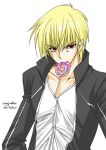  1boy blonde_hair candy casual fate/stay_night fate_(series) gilgamesh lollipop male_focus simple_background solo swirl_lollipop 